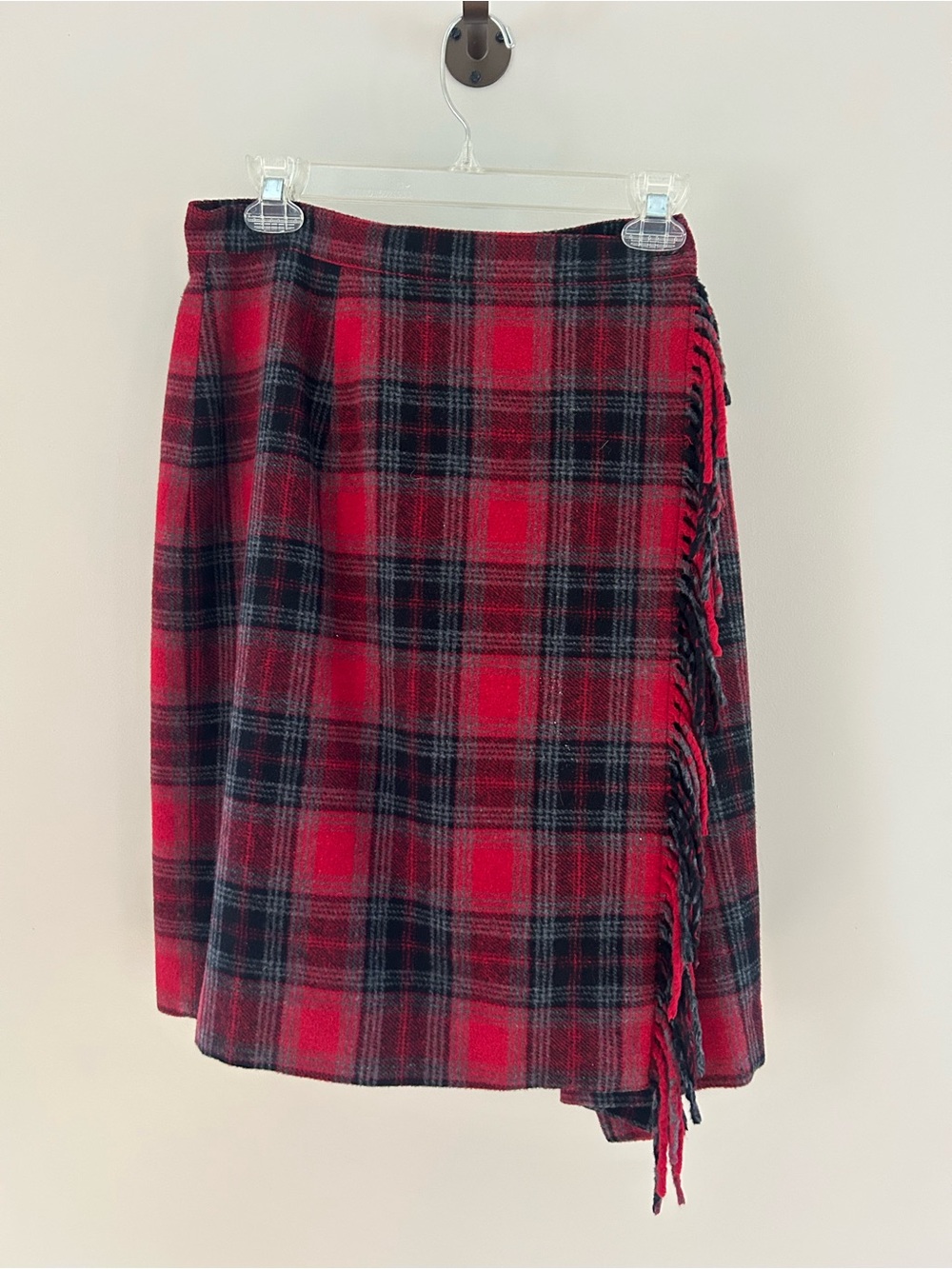 Chaus Red and Black Plaid Fringe Wrap Skirt